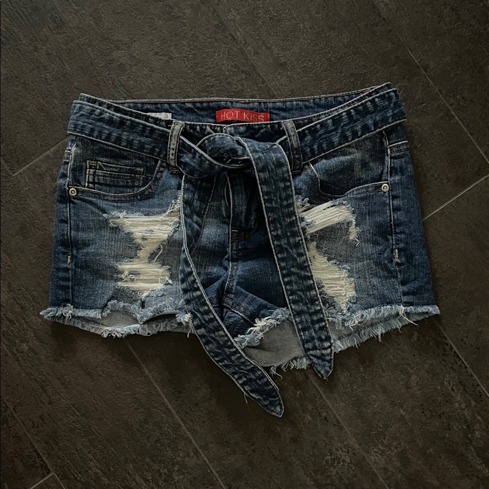 Hot Kiss Women's Tie-Waist Jean Shorts - Dark Blue